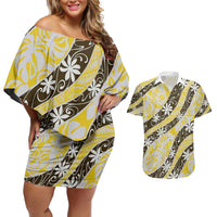 Rearea Tahiti Tiare Monstera Couples Matching Off Shoulder Short Dress and Hawaiian Shirt Polynesian Pattern Curve Style LT01 Yellow - Polynesian Pride