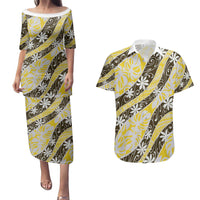 Rearea Tahiti Tiare Monstera Couples Matching Puletasi and Hawaiian Shirt Polynesian Pattern Curve Style - Polynesian Pride