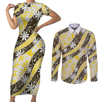 Rearea Tahiti Tiare Monstera Couples Matching Short Sleeve Bodycon Dress and Long Sleeve Button Shirt Polynesian Pattern Curve Style LT01 Yellow - Polynesian Pride