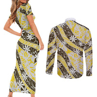 Rearea Tahiti Tiare Monstera Couples Matching Short Sleeve Bodycon Dress and Long Sleeve Button Shirt Polynesian Pattern Curve Style LT01 - Polynesian Pride
