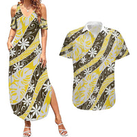Rearea Tahiti Tiare Monstera Couples Matching Summer Maxi Dress and Hawaiian Shirt Polynesian Pattern Curve Style LT01 Yellow - Polynesian Pride
