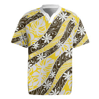 Rearea Tahiti Tiare Monstera Rugby Jersey Polynesian Pattern Curve Style LT01 Yellow - Polynesian Pride