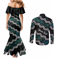 Personalised Taniko Aotearoa Mix Paua Shell Couples Matching Mermaid Dress and Long Sleeve Button Shirt Niho Taniwha Turquoise Glitter