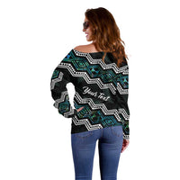Personalised Taniko Aotearoa Mix Paua Shell Off Shoulder Sweater Niho Taniwha Turquoise Glitter