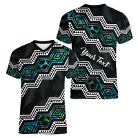 Personalised Taniko Aotearoa Mix Paua Shell Women V-Neck T-Shirt Niho Taniwha Turquoise Glitter