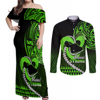 Personalised Hawaii Couples Matching Off Shoulder Maxi Dress and Long Sleeve Button Shirts Maui Be Strong Kakau Green Version LT01 Green - Polynesian Pride