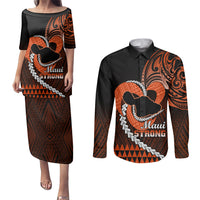 Personalised Hawaii Couples Matching Puletasi Dress and Long Sleeve Button Shirts Maui Be Strong Kakau Orange Version LT01 Orange - Polynesian Pride