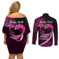 Personalised Hawaii Couples Matching Off Shoulder Short Dress and Long Sleeve Button Shirts Maui Be Strong Kakau Pink Version LT01 - Polynesian Pride