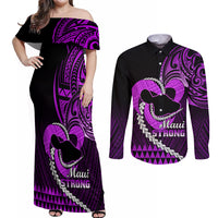 Personalised Hawaii Couples Matching Off Shoulder Maxi Dress and Long Sleeve Button Shirts Maui Be Strong Kakau Purple Version LT01 Purple - Polynesian Pride