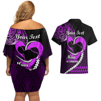 Personalised Hawaii Couples Matching Off Shoulder Short Dress and Hawaiian Shirt Maui Be Strong Kakau Purple Version LT01 - Polynesian Pride