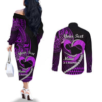 Personalised Hawaii Couples Matching Off The Shoulder Long Sleeve Dress and Long Sleeve Button Shirts Maui Be Strong Kakau Purple Version LT01 - Polynesian Pride