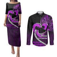 Personalised Hawaii Couples Matching Puletasi Dress and Long Sleeve Button Shirts Maui Be Strong Kakau Purple Version LT01 Purple - Polynesian Pride