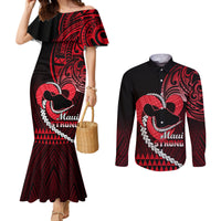 Personalised Hawaii Couples Matching Mermaid Dress and Long Sleeve Button Shirts Maui Be Strong Kakau Red Version LT01 Red - Polynesian Pride