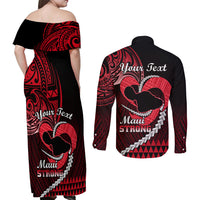 Personalised Hawaii Couples Matching Off Shoulder Maxi Dress and Long Sleeve Button Shirts Maui Be Strong Kakau Red Version LT01 - Polynesian Pride
