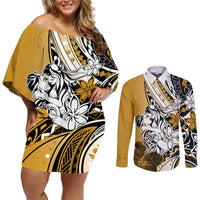 Polynesian Valentine Couples Matching Off Shoulder Short Dress and Long Sleeve Button Shirt Couple Floral Unique Gold Version LT01 Gold - Polynesian Pride