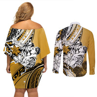 Polynesian Valentine Couples Matching Off Shoulder Short Dress and Long Sleeve Button Shirt Couple Floral Unique Gold Version LT01 - Polynesian Pride