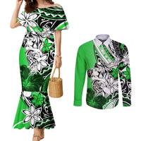 Polynesian Valentine Couples Matching Mermaid Dress and Long Sleeve Button Shirt Couple Floral Unique Green Version LT01 Green - Polynesian Pride