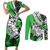 Polynesian Valentine Couples Matching Short Sleeve Bodycon Dress and Long Sleeve Button Shirt Couple Floral Unique Green Version LT01 Green - Polynesian Pride