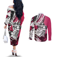 Polynesian Valentine Couples Matching Off The Shoulder Long Sleeve Dress and Long Sleeve Button Shirt Couple Floral Unique Pink Version LT01 - Polynesian Pride