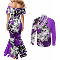 Polynesian Valentine Couples Matching Mermaid Dress and Long Sleeve Button Shirt Couple Floral Unique Purple Version LT01 - Polynesian Pride