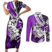 Polynesian Valentine Couples Matching Short Sleeve Bodycon Dress and Long Sleeve Button Shirt Couple Floral Unique Purple Version LT01 Purple - Polynesian Pride