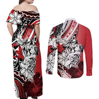 Polynesian Valentine Couples Matching Off Shoulder Maxi Dress and Long Sleeve Button Shirt Couple Floral Unique Red Version LT01 - Polynesian Pride
