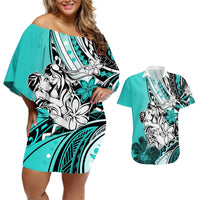 Polynesian Valentine Couples Matching Off Shoulder Short Dress and Hawaiian Shirt Couple Floral Unique Turquoise Version LT01 Turquoise - Polynesian Pride