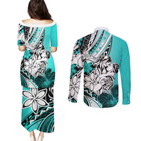 Polynesian Valentine Couples Matching Puletasi and Long Sleeve Button Shirt Couple Floral Unique Turquoise Version LT01 - Polynesian Pride