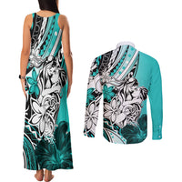 Polynesian Valentine Couples Matching Tank Maxi Dress and Long Sleeve Button Shirt Couple Floral Unique Turquoise Version LT01 - Polynesian Pride