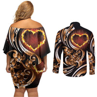 Personalised Polynesian Fiery Heart Couples Matching Off Shoulder Short Dress and Long Sleeve Button Shirt Passionate Love