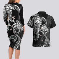 Polynesian Mermaid Plumeria Tribal Tattoo Couples Matching Long Sleeve Bodycon Dress and Hawaiian Shirt