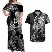 Polynesian Mermaid Plumeria Tribal Tattoo Couples Matching Off Shoulder Maxi Dress and Hawaiian Shirt