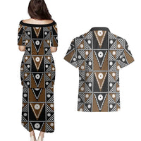 Fiji Brown Masi Pattern Couples Matching Puletasi and Hawaiian Shirt Fijian Tapa