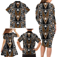 Fiji Brown Masi Pattern Family Matching Long Sleeve Bodycon Dress and Hawaiian Shirt Fijian Tapa