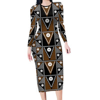 Fiji Brown Masi Pattern Family Matching Long Sleeve Bodycon Dress and Hawaiian Shirt Fijian Tapa