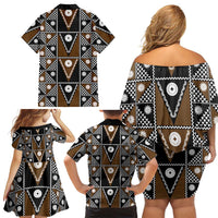 Fiji Brown Masi Pattern Family Matching Off Shoulder Short Dress and Hawaiian Shirt Fijian Tapa