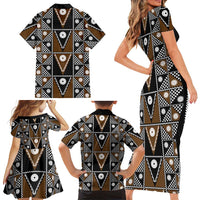 Fiji Brown Masi Pattern Family Matching Short Sleeve Bodycon Dress and Hawaiian Shirt Fijian Tapa