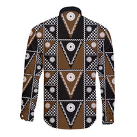 Fiji Brown Masi Pattern Long Sleeve Button Shirt Fijian Tapa