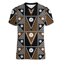 Fiji Brown Masi Pattern Women V-Neck T-Shirt Fijian Tapa