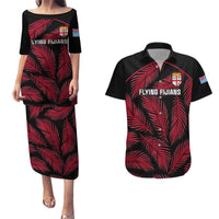Fiji Rugby Couples Matching Puletasi Dress and Hawaiian Shirt Flying Fijians Red Palm Tree Version LT01 Black - Polynesian Pride