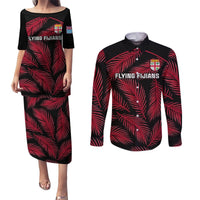 Fiji Rugby Couples Matching Puletasi Dress and Long Sleeve Button Shirts Flying Fijians Red Palm Tree Version LT01 Black - Polynesian Pride