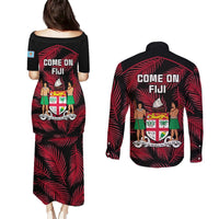 Fiji Rugby Couples Matching Puletasi Dress and Long Sleeve Button Shirts Flying Fijians Red Palm Tree Version LT01 - Polynesian Pride