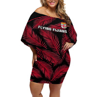 Fiji Rugby Off Shoulder Short Dress Flying Fijians Red Palm Tree Version LT01 Women Black - Polynesian Pride