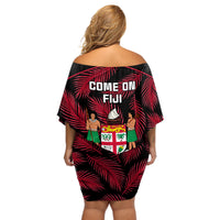 Fiji Rugby Off Shoulder Short Dress Flying Fijians Red Palm Tree Version LT01 - Polynesian Pride