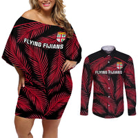 Custom Fiji Rugby Couples Matching Off Shoulder Short Dress and Long Sleeve Button Shirts Flying Fijians Red Palm Tree Version LT01 Black - Polynesian Pride