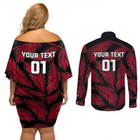 Custom Fiji Rugby Couples Matching Off Shoulder Short Dress and Long Sleeve Button Shirts Flying Fijians Red Palm Tree Version LT01 - Polynesian Pride