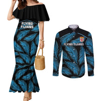 Fiji Rugby Couples Matching Mermaid Dress and Long Sleeve Button Shirts Flying Fijians Blue Palm Tree Version LT01 Black - Polynesian Pride