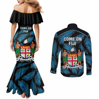Fiji Rugby Couples Matching Mermaid Dress and Long Sleeve Button Shirts Flying Fijians Blue Palm Tree Version LT01 - Polynesian Pride