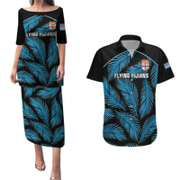 Fiji Rugby Couples Matching Puletasi Dress and Hawaiian Shirt Flying Fijians Blue Palm Tree Version LT01 Black - Polynesian Pride