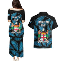 Fiji Rugby Couples Matching Puletasi Dress and Hawaiian Shirt Flying Fijians Blue Palm Tree Version LT01 - Polynesian Pride